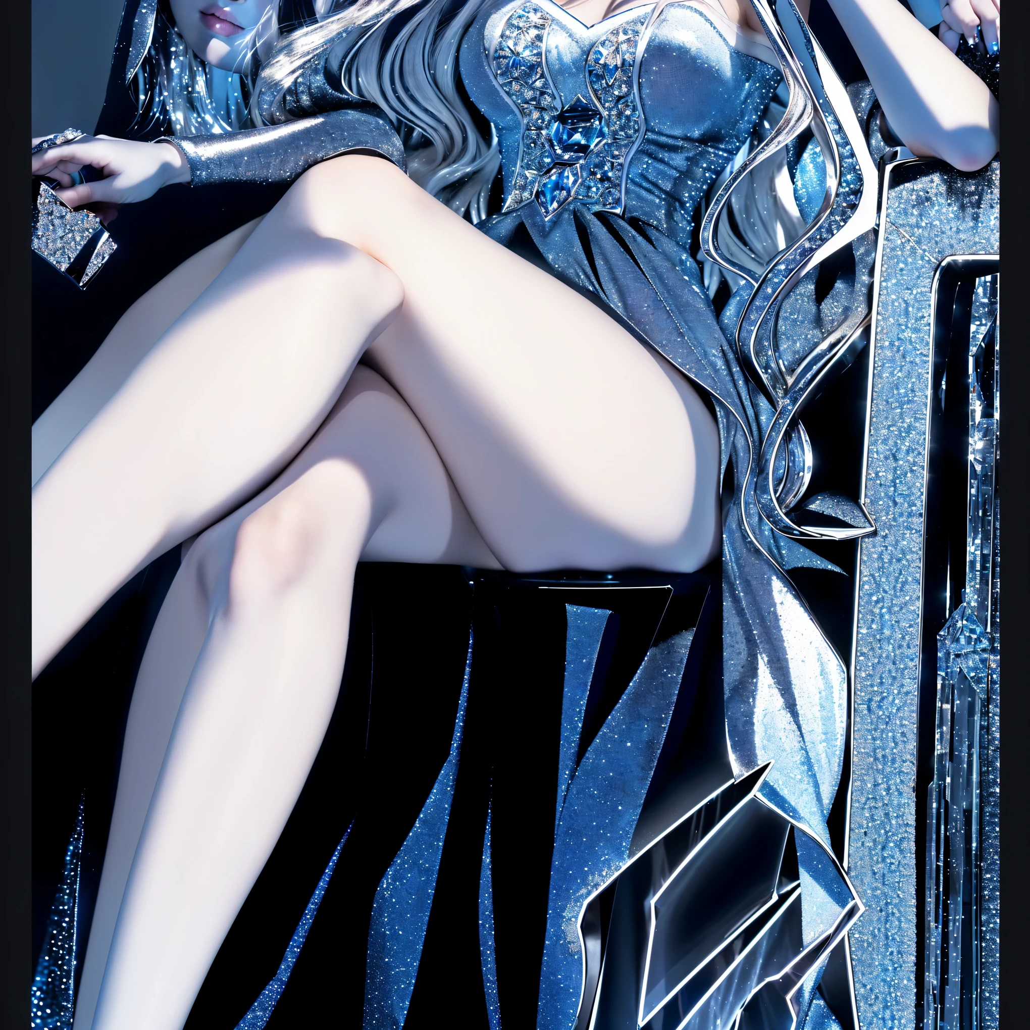 The girl sits in the crystal throne with crossed legs, the crystal throne, silver hair, frozen dew clings to her skin, crossed legs, queen in a long dress, on the ice throne, perfect image, long hair, high crystal heels, perfect face, perfect hands, perfect legs, perfect eyes