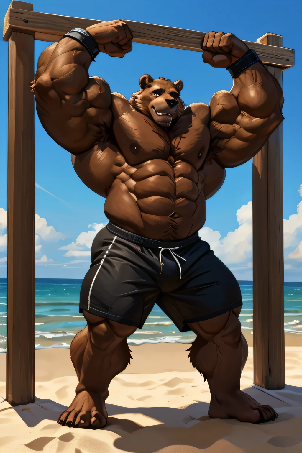 solo, 2boys, beach, size different, extremely huge muscular, massive muscular, grizzly bear, full-body, well-muscled, being shirtless in a black swim trunk shorts and black wristbands in beach. Working out. Doing chin-ups on the 5ft metal bars. Super strong. Super strength. ((extremely muscle size, super thick arms, huge back, thick brown fur, extremely wide back and shoulder, powerful strength, huge arms, pumping up)). and add details to make it attractive and interesting. Added eyes. Add textures and details to make the image more realistic, such as the appearance of the body-built texture and the appearance of the fur. Make sure the resulting image is high resolution, 8K quality.", simple background, masterpiece, high detailed, 8k, high resolution