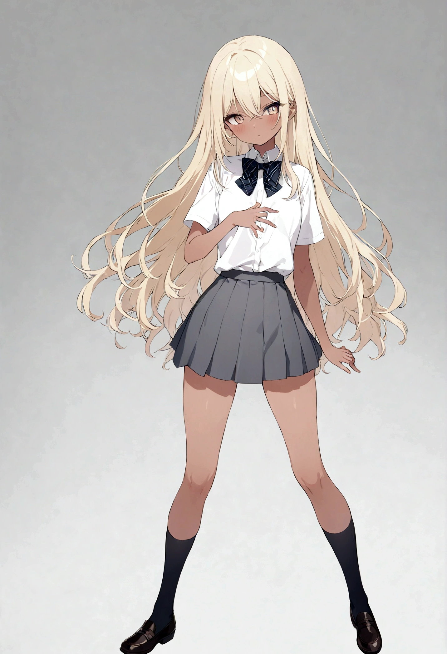 ((best quality,4k,High resolution,masterpiece:1.2)),((Character Concept Art)), 1 female, Adolescent females, Hot high school girl, ((Long hair dyed brown or blonde)), Hairstyles with Multiple Accessories, (Tan skin), Extremely fine eyes (Decorative contact lenses), fashionable, Outgoing, Socially active, slim body, ((Intricate details)), Very delicate hands, Extremely fine fingers(((Ten fingers))), Wearing a white short-sleeved  shirt，bow tie, Gray school skirt, knee high school socks, and black school loafers., Heavy makeup, (casually standing), (Full body display), (revealing the whole body), (No logos on background), (No logo), ((Solid color background)), ((Solid color background)), (((Empty background)))