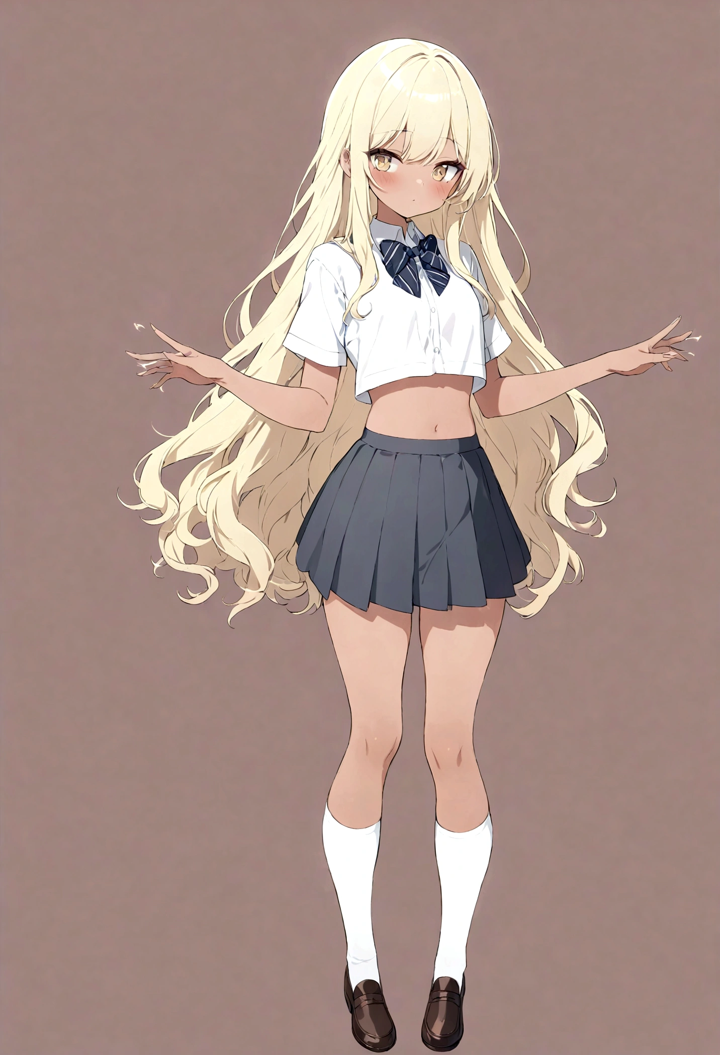 ((best quality,4k,High resolution,masterpiece:1.2)),((Character Concept Art)), 1 female, Adolescent females, Hot high school girl, ((Long hair dyed brown or blonde)), Hairstyles with Multiple Accessories, (Tan skin), Extremely fine eyes (Decorative contact lenses), fashionable, Outgoing, Socially active, slim body, ((Intricate details)), Very delicate hands, Extremely fine fingers(((Ten fingers))), Wearing a white short-sleeved  shirt，bow tie, Gray school skirt, knee high school socks, and black school loafers., Heavy makeup, (casually standing), (Full body display), (revealing the whole body), (No logos on background), (No logo), ((Solid color background)), ((Solid color background)), (((Empty background)))