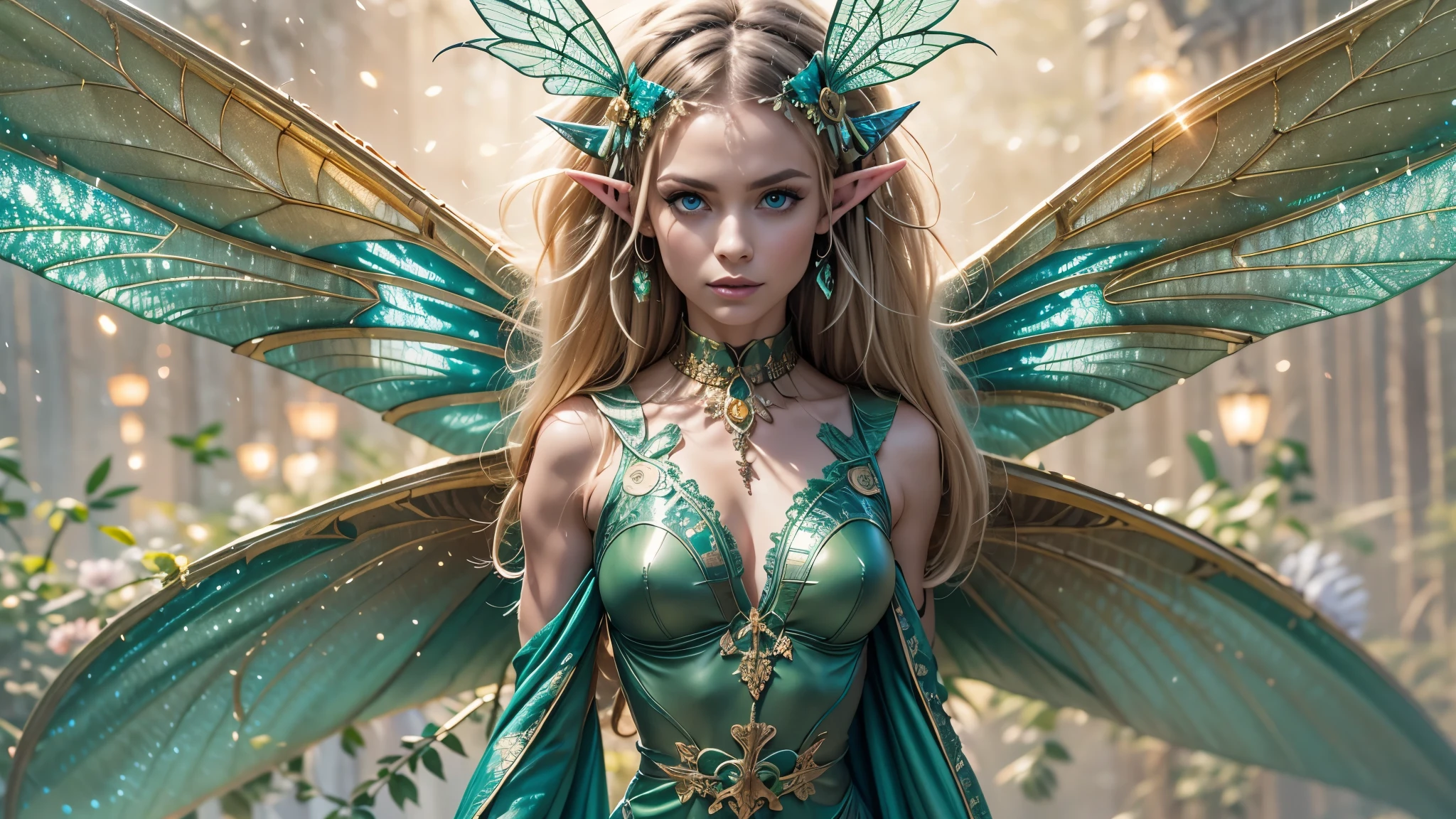 Beautiful faerie woman, elf ear, flying, hovering, floating, centered holographic dragonfly wings, balanced wings, glowing blue eyes, detailed realistic eyes, detailed proportional hand, manicured hands, four fingers on each hand, one thumb on each hand, detailed fingers, proportional fingers, proportional legs, proportional arms, proportional body, firm breast, silk tutu, magic glitter, oak tree forest, frank Frazzetta painting style, (Best Quality:1.4), (Ultra-detailed), (extremely detailed CG unified 8k wallpaper), Highly detailed, RAW Photos, Professional Photography, plein air, Illumination, (Super fancy photos:1.4), (Dazzling light), Radiant Photography, depth of fields,