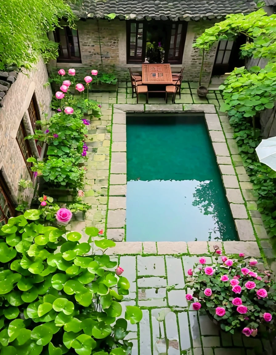 A dream of a small house in an ancient Jiangnan town, with a courtyard featuring a stone brick floor and a water lily pond. Tables and chairs are placed on the edge of the pool, surrounded by blooming purple petunias and pink roses, with green plants planted inside, overlooking with a bird's eye view. The style is raw