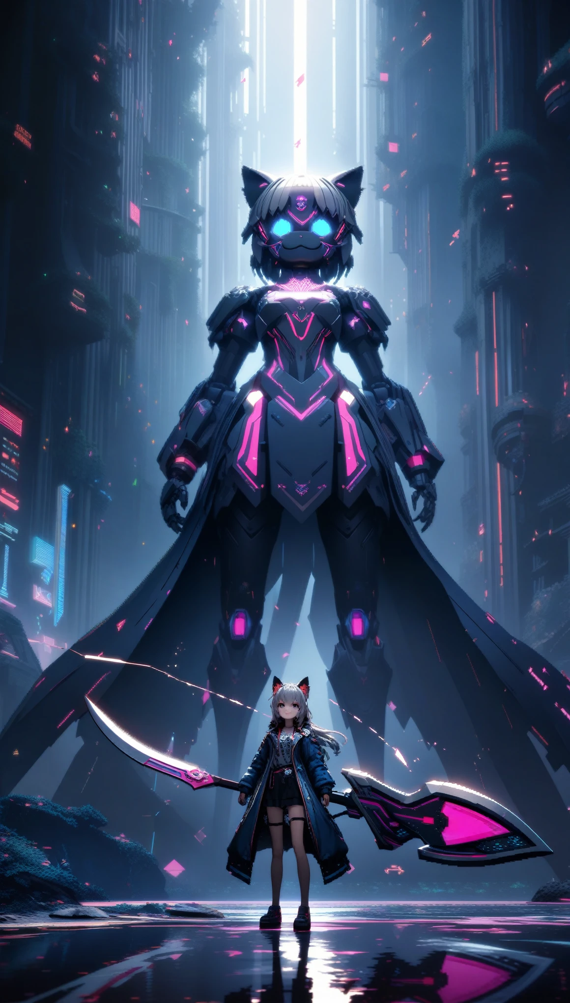 32k, best quality, ultra high res, HDR, UHD, extremely detailed CG, unity 32k wallpaper, A dark, futuristic, silhouetted figure of a girl with cat ears and a long, flowing coat, holding a massive scythe with a mechanical cat integrated into the blade, standing on a reflective surface with a minimalist, light gray background. --ar 4:3 --stylize 600 --niji 6, In a retro 3D pixel art style, the cute robot cat with big claws and large guns is depicted with blocky, pixelated shapes and limited color palettes, reminiscent of classic video game graphics. The design evokes a nostalgic feel, with simple yet charming character designs and environments. The background is a pixelated, retro-futuristic landscape with geometric shapes and bright colors, reminiscent of vintage arcade games. This high-quality, high-resolution artwork, ideal for 16k wallpaper and 32k HD HDR, captures the nostalgic appeal of retro 3D pixel art, enhanced by Unreal Engine for smooth animations and vibrant retro visuals,