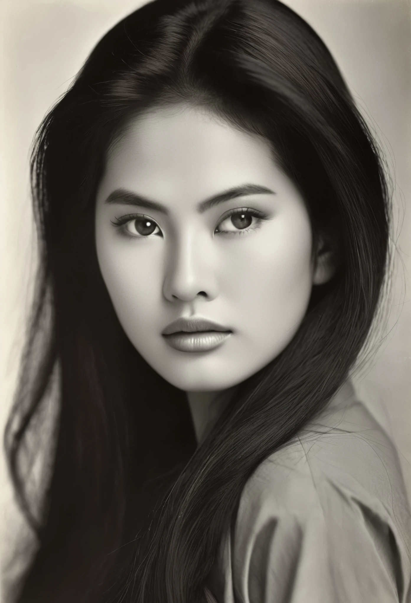 old Albumen Print of a beautiful busty thai woman,Long black hair ,Have a beautiful face, golden ratio, big, sharp, beautiful eyes, plump, mesmerizing lips , photography style Yousuf Karsh