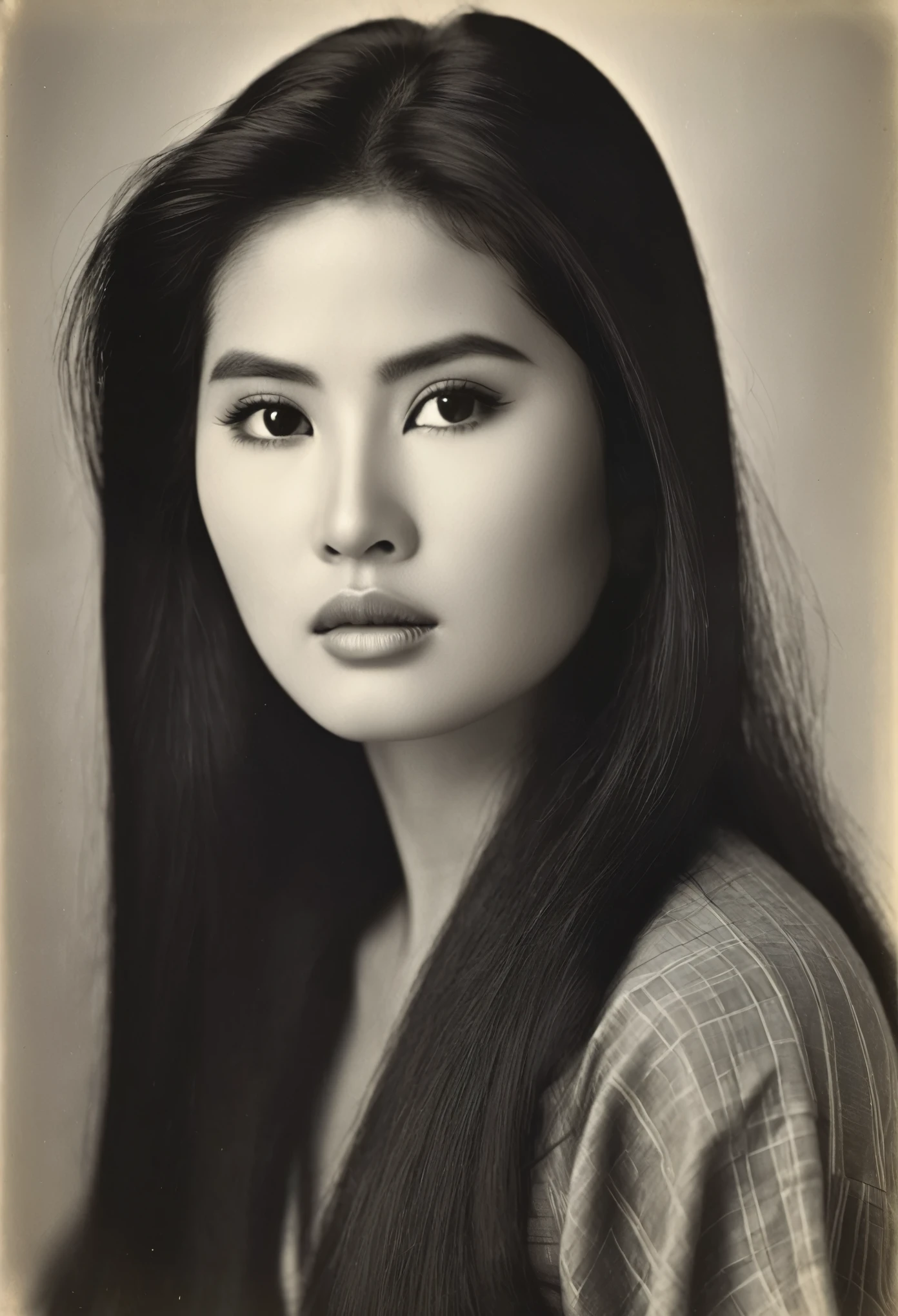 old Albumen Print of a   beautiful  busty  thai woman,Long black hair ,Have a beautiful face, golden ratio, big, sharp, beautiful eyes, plump, mesmerizing lips , photography style Yousuf Karsh