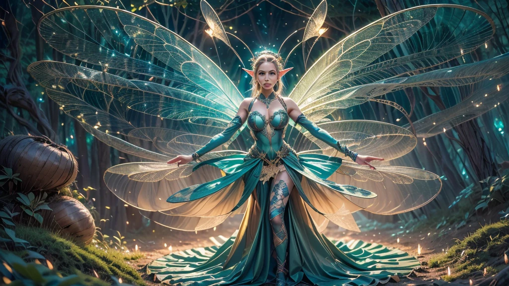 Beautiful faerie woman, elf ear, flying, hovering, floating, centered holographic dragonfly wings, balanced wings, glowing blue eyes, detailed realistic eyes, detailed proportional hand, manicured hands, four fingers on each hand, one thumb on each hand, detailed fingers, proportional fingers, proportional legs, proportional arms, proportional body, firm breast, silk tutu, magic glitter, oak tree forest, frank Frazzetta painting style, (Best Quality:1.4), (Ultra-detailed), (extremely detailed CG unified 8k wallpaper), Highly detailed, RAW Photos, Professional Photography, plein air, Illumination, (Super fancy photos:1.4), (Dazzling light), Radiant Photography, depth of fields,