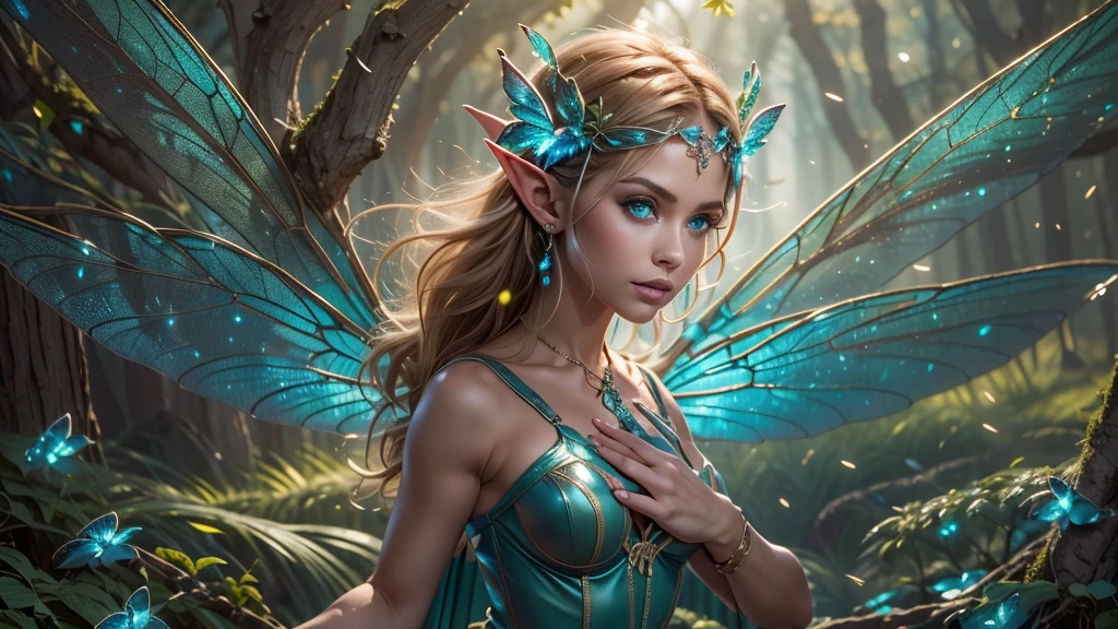 Beautiful faerie woman, elf ear, flying, hovering, floating, centered holographic dragonfly wings, balanced wings, glowing blue eyes, detailed realistic eyes, detailed proportional hand, manicured hands, four fingers on each hand, one thumb on each hand, detailed fingers, proportional fingers, proportional legs, proportional arms, proportional body, firm breast, silk tutu, magic glitter, oak tree forest, frank Frazzetta painting style, (Best Quality:1.4), (Ultra-detailed), (extremely detailed CG unified 8k wallpaper), Highly detailed, RAW Photos, Professional Photography, plein air, Illumination, (Super fancy photos:1.4), (Dazzling light), Radiant Photography, depth of fields,