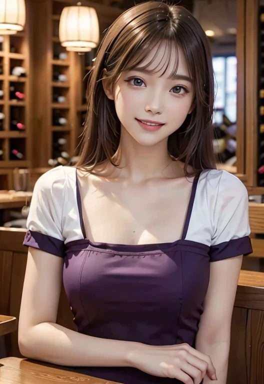 (masterpiece, best quality:1.1), (8k, raw photo, photo realistic:1.2, f22), (shiny skin), detailed skin,long hair,ribbon,detailed face, detailed eyes,smile,BREAK, real world, intricate details, smil, BREAK, 1girl, full body,(purple,short sleeve,dress)BREAK, (wine,restaurant:1.4)
