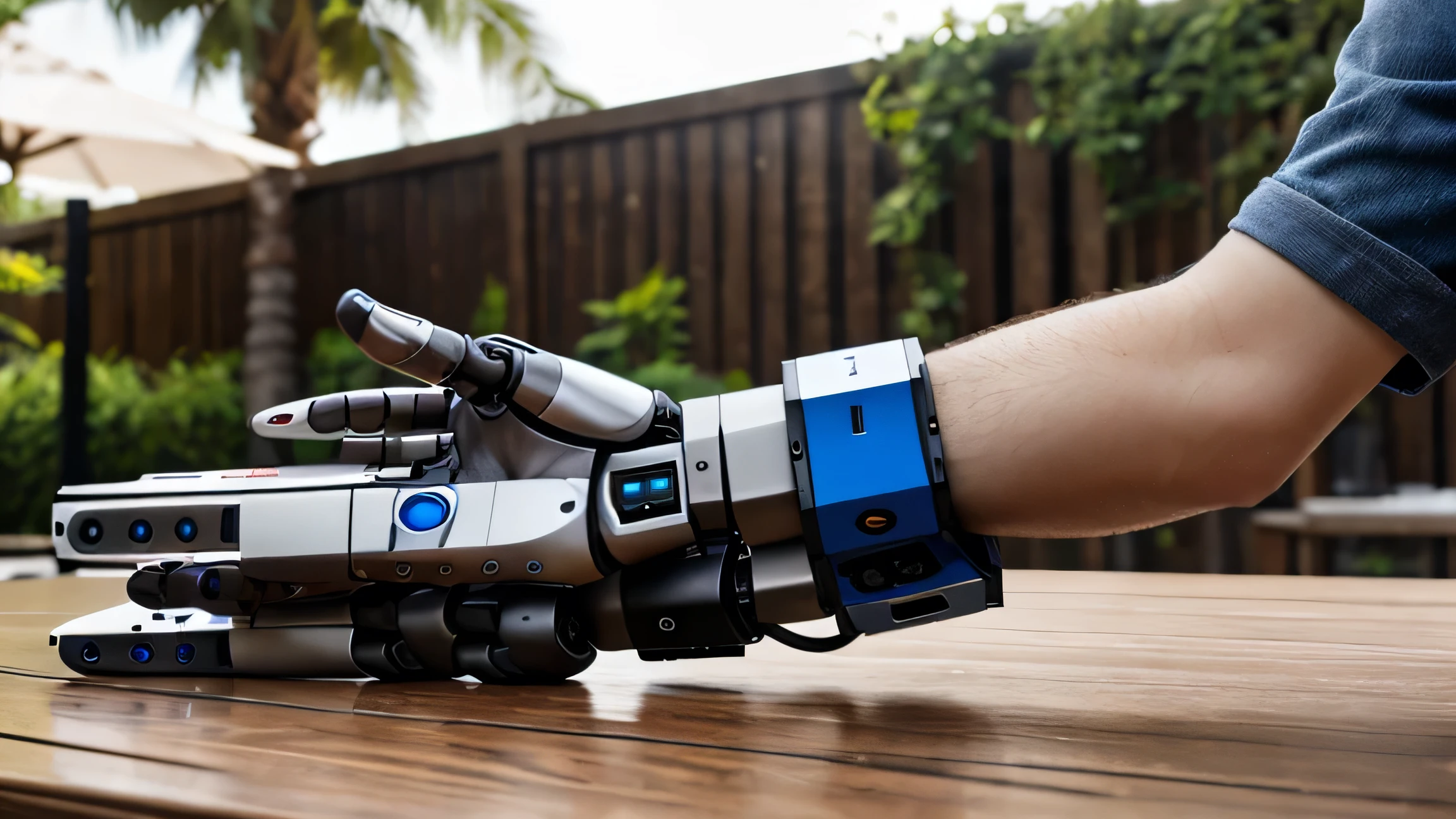 make image of a test of a robotic hand lying on table beside a human arm with controller, outdoor