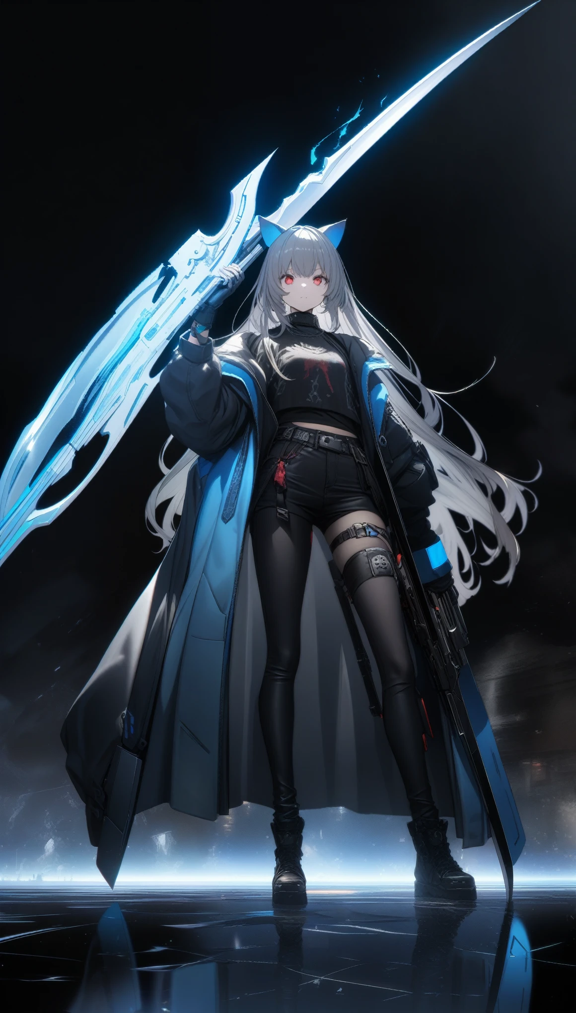 32k, best quality, ultra high res, HDR, UHD, extremely detailed CG, unity 32k wallpaper, A dark, futuristic, silhouetted figure of a girl with cat ears and a long, flowing coat, holding a massive scythe with a mechanical cat integrated into the blade, standing on a reflective surface with a minimalist, light gray background. --ar 4:3 --stylize 600 --niji 6, JapaneseAnime,ink background,cool illustration, whole body,twin characters ,street style,blue boy with red girl,Contrast ,silver cybanetic gun --ar 1:1,