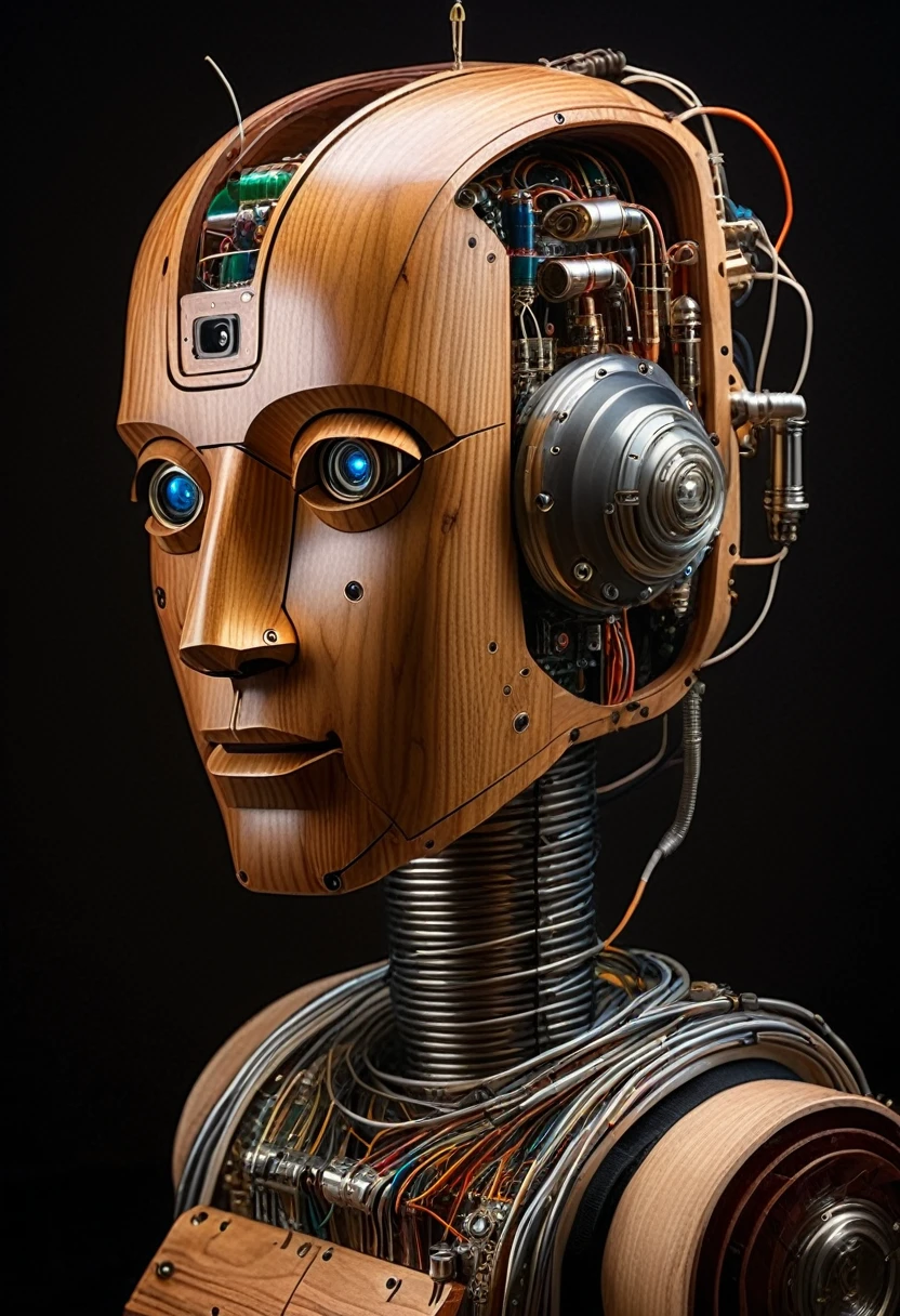 a wooden humanoid robot with an emotionless face with many wired coming out of its head, intricate details in the style of photorealsitiv portraits, analog art that's highly detailed and textured, featuring vacuum tubes with glowing filaments integrated into the robot, hyper-realistic mechanical illustrations with bold colorism and surrealistic detail, realistic and romantic portraitures