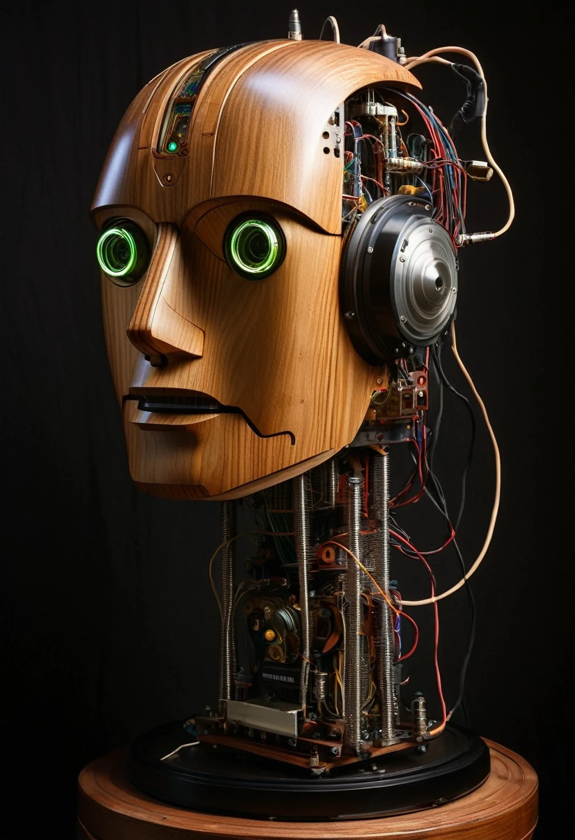 a wooden humanoid robot with an emotionless face with many wired coming out of its head, intricate details in the style of photorealsitiv portraits, analog art that's highly detailed and textured, featuring vacuum tubes with glowing filaments integrated into the robot, hyper-realistic mechanical illustrations with bold colorism and surrealistic detail, realistic and romantic portraitures