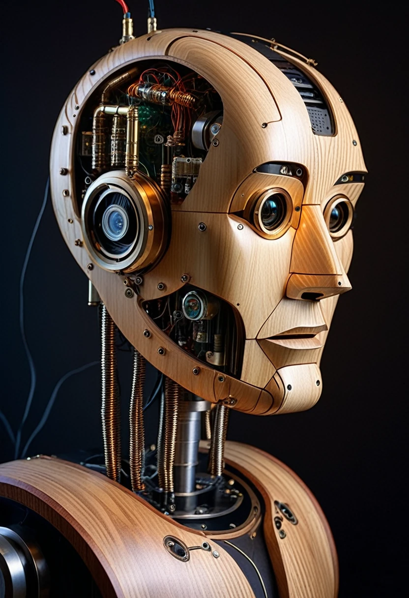 a wooden humanoid robot with an emotionless face with many wired coming out of its head, intricate details in the style of photorealsitiv portraits, analog art that's highly detailed and textured, featuring vacuum tubes with glowing filaments integrated into the robot, hyper-realistic mechanical illustrations with bold colorism and surrealistic detail, realistic and romantic portraitures