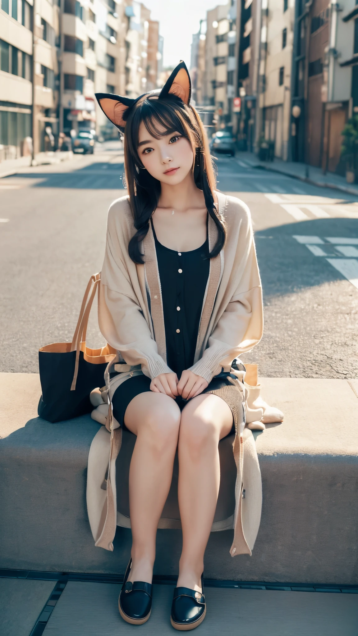 Masterpiece, 4k, Bokeh, beautiful face, (Japanese idle:1.6), (Long cardigan with a t-shirt dress and flats, Casual weekend background, Canvas tote bag:1.4), (Cat ears:1.3), Sitting on From below,