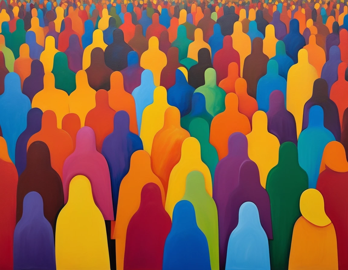 Abstract painting. Nondescript bodies. Diversity, Inclusion and Belonging. All in this together. A crowd of people. People of all colours. Humanity. Respect. DEIB, DEI