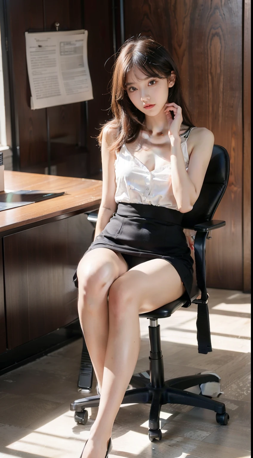 best quality, Full body portrait, Film texture shooting, Open your legs,Delicate face, Pretty Face, 20-year-old female, Slim body, Smaller bust, OL, office Wear, black, Interior scene, office, Open your legs,