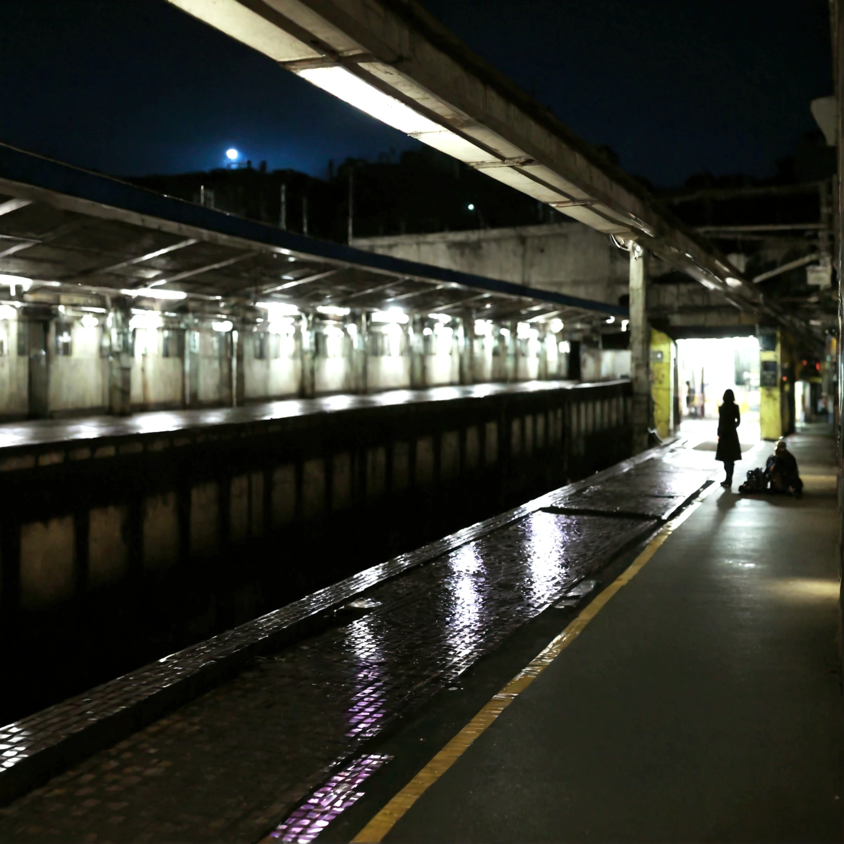 A young woman who missed the last train,I stood anxiously,She feels a cold presence behind her,Real,Dark Alley": Capture the eerie atmosphere of a dark city at night, Shadows loom、Danger is in the air. The area is pitch dark,Only one street light was on