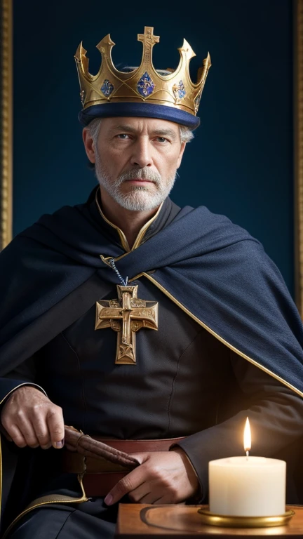 front view, looking at viewer ,English man ,50 years old, England Kingdom King, Sit on a throne, He holds the cross of Iron ,Scepter in one hand, a book in one hand、wearing a King Crown, Royal blue the cloak on my back, Black wearing, gold ring, kingdom room, night, candle right, UHD, accurate, anatomically correct, textured skin, super detail, high details, high quality, best quality,