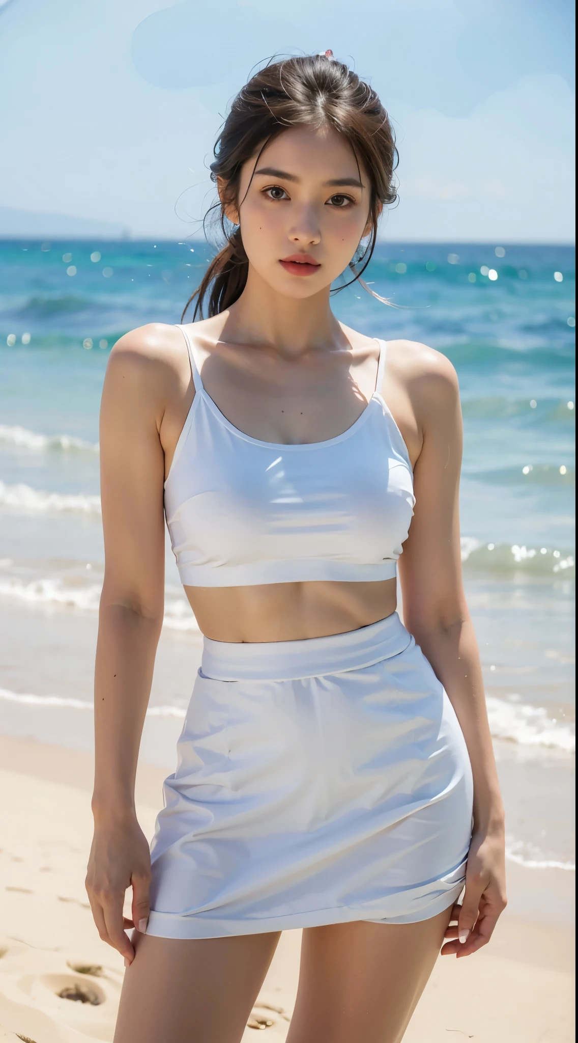 A girl,Beach,Wearing a white skirt,Upper Body,thigh,Pleated Skirt