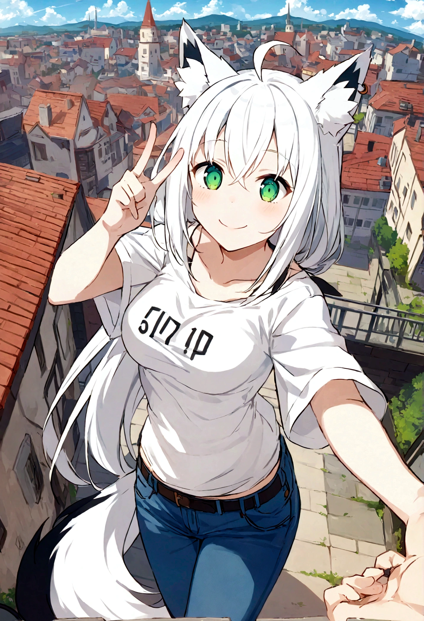 score_9, score_8_up, score_7_up, score_6_up, score_5_up, score_4_up, BREAK source_anime,POV,city,outdoor,smile,standing, Shirakami_Fubuki, white hair, long hair, ahoge, animal ears, green eyes, breasts, fox tail,white t-shirt,short sleeves,jeans,denim