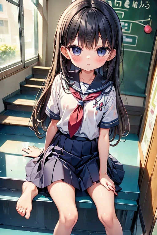 one person、Long Hair、Black Hair、With bangs、6 year old girl、small、1st grade elementary school students、Baby Face、Innocent face、Big eyes、barefoot、black eye、cute、Spread your legs、凄くsmall胸、身長のsmall、Are standing 、School、Schoolの制服、White Uniform、Short sleeve、Bare Skin