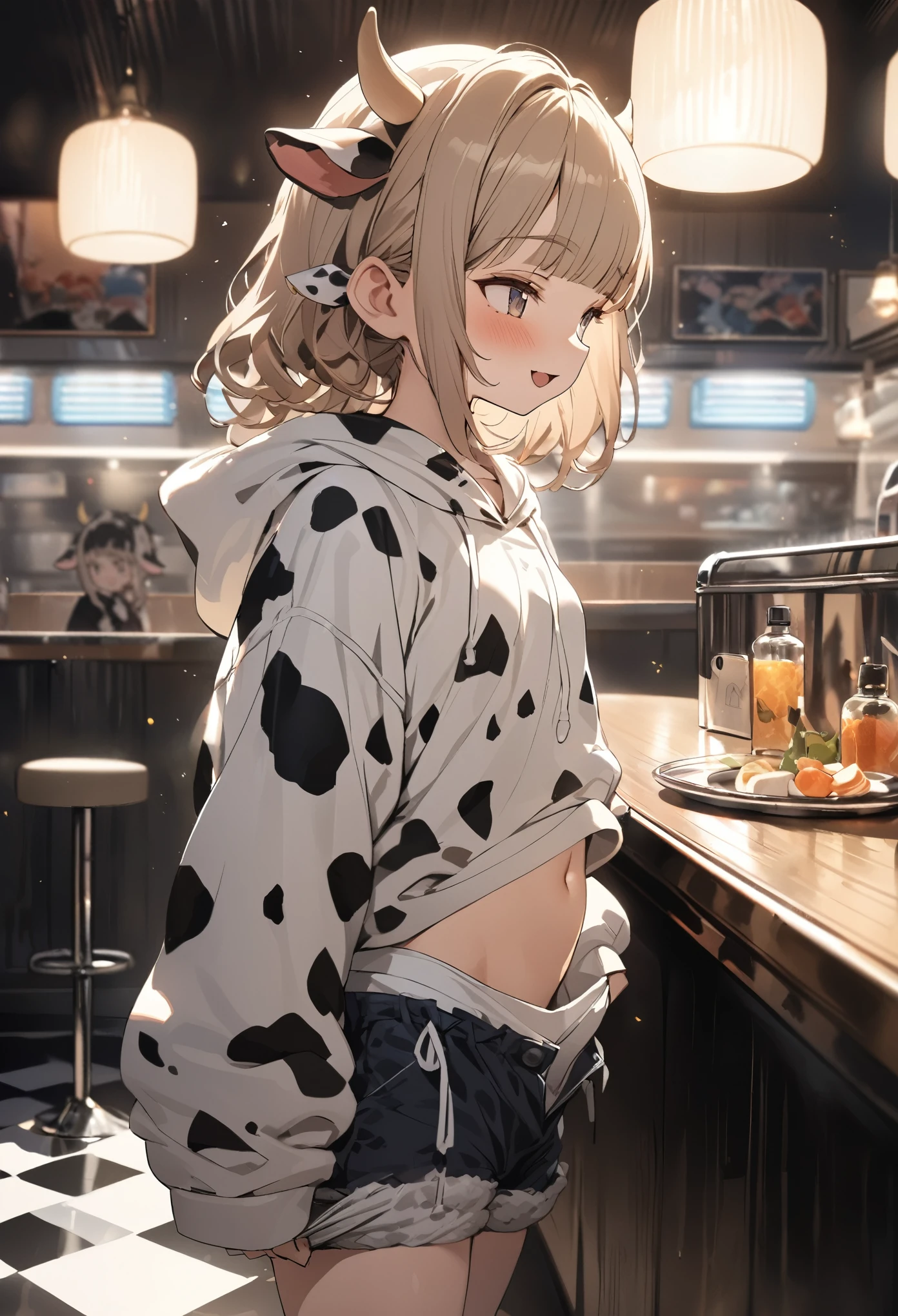 ((Masterpiece)), ((best quality)), (Anime:1.4), (super detail:1.2), (High Definition:1.3), (Professional Photography:1.3), (wide shot), (sharp focus), (perfect light), (()), 1girl, profile, ((wearing Cow-patterned oversized hoodie)), fluffy shorts, cinematic lighting, Textured skin, messy hair, (loose blunt bangs), teenage girl, Healthy stomach, (Healthy slim body), small breasts, cute eyes, ((naughty face)), (open mouth), (put on cow ears), pale brown hair, Cute Beautiful girl, Thin accessories, ((loose cute shorts pull up)), (standing on the diner couch),