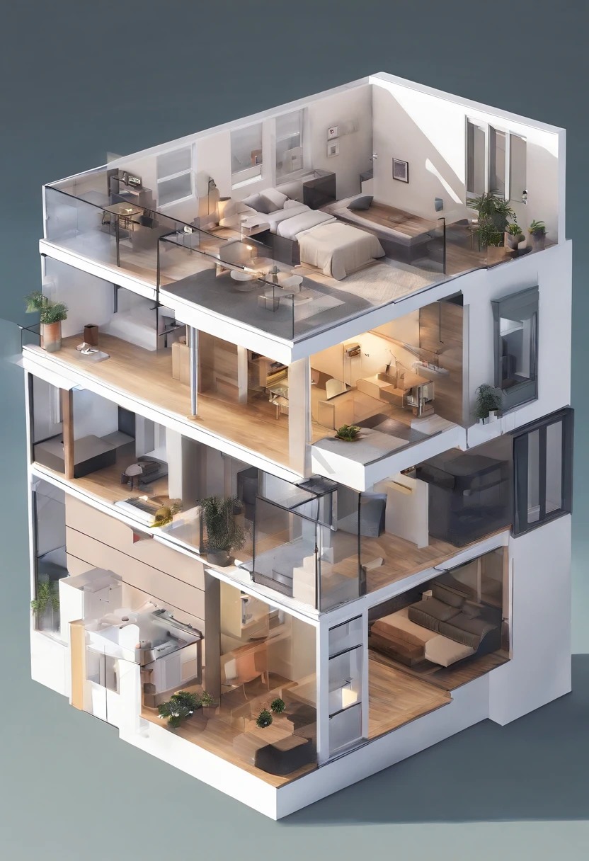 Create an illustration of a multi-room house, view from above, for design, comfortable, light, stylishly.