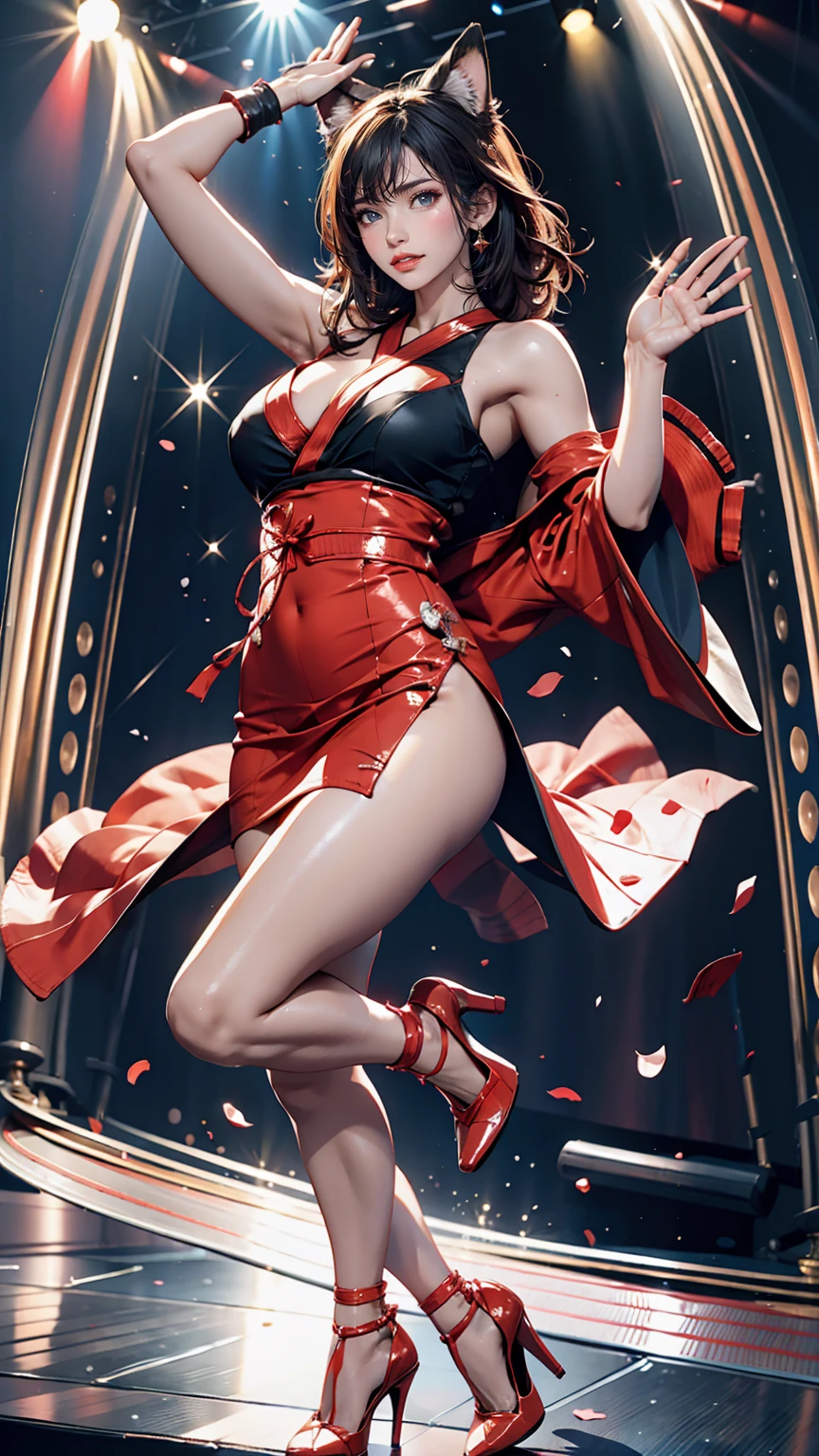 Japanese women、One-length bodycon、Stiletto heels、Disco stage、Dancing while waving a furry fan