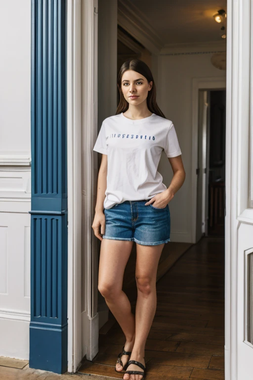 ((daisy edgar-jones)) Slender short girl 26 years old, height 1.62m, standing in doorway, portrait, inside house, wearing white t-shirt and nothing else, muted colours, realistic, 8k, high quality