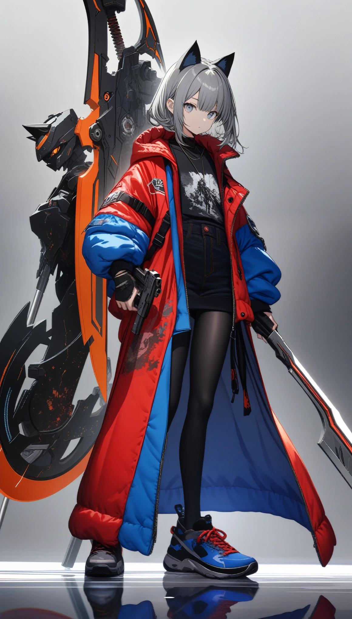 32k, best quality, ultra high res, HDR, UHD, extremely detailed CG, unity 32k wallpaper, A dark, futuristic, silhouetted figure of a girl with cat ears and a long, flowing coat, holding a massive scythe with a mechanical cat integrated into the blade, standing on a reflective surface with a minimalist, light gray background. --ar 4:3 --stylize 600 --niji 6, JapaneseAnime,ink background,cool illustration, whole body,twin characters ,street style,blue boy with red girl,Contrast ,silver cybanetic gun --ar 1:1,