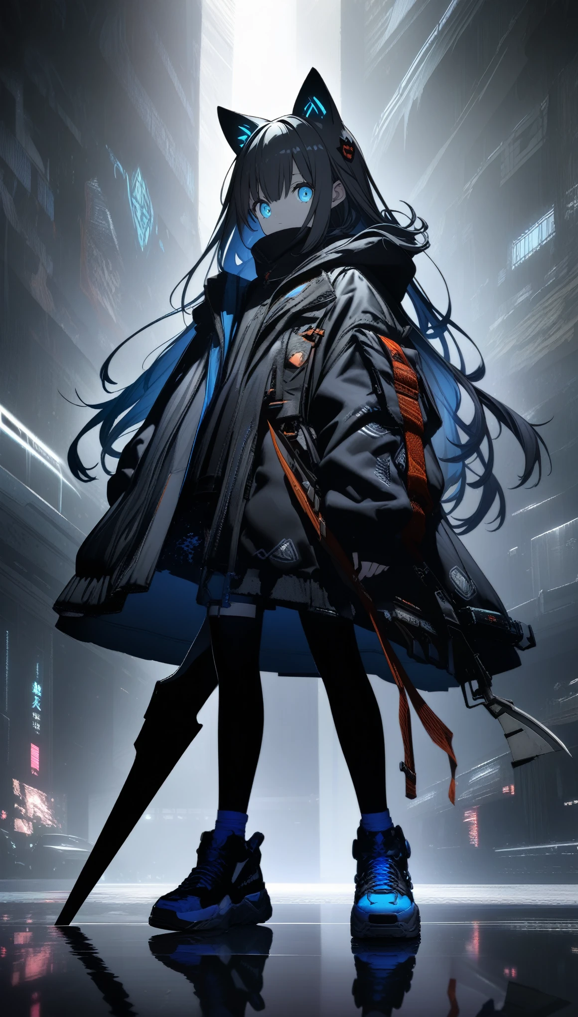 32k, best quality, ultra high res, HDR, UHD, extremely detailed CG, unity 32k wallpaper, A dark, futuristic, silhouetted figure of a girl with cat ears and a long, flowing coat, holding a massive scythe with a mechanical cat integrated into the blade, standing on a reflective surface with a minimalist, light gray background. --ar 4:3 --stylize 600 --niji 6, JapaneseAnime,ink background,cool illustration, whole body,twin characters ,street style,blue boy with red girl,Contrast ,silver cybanetic gun --ar 1:1,