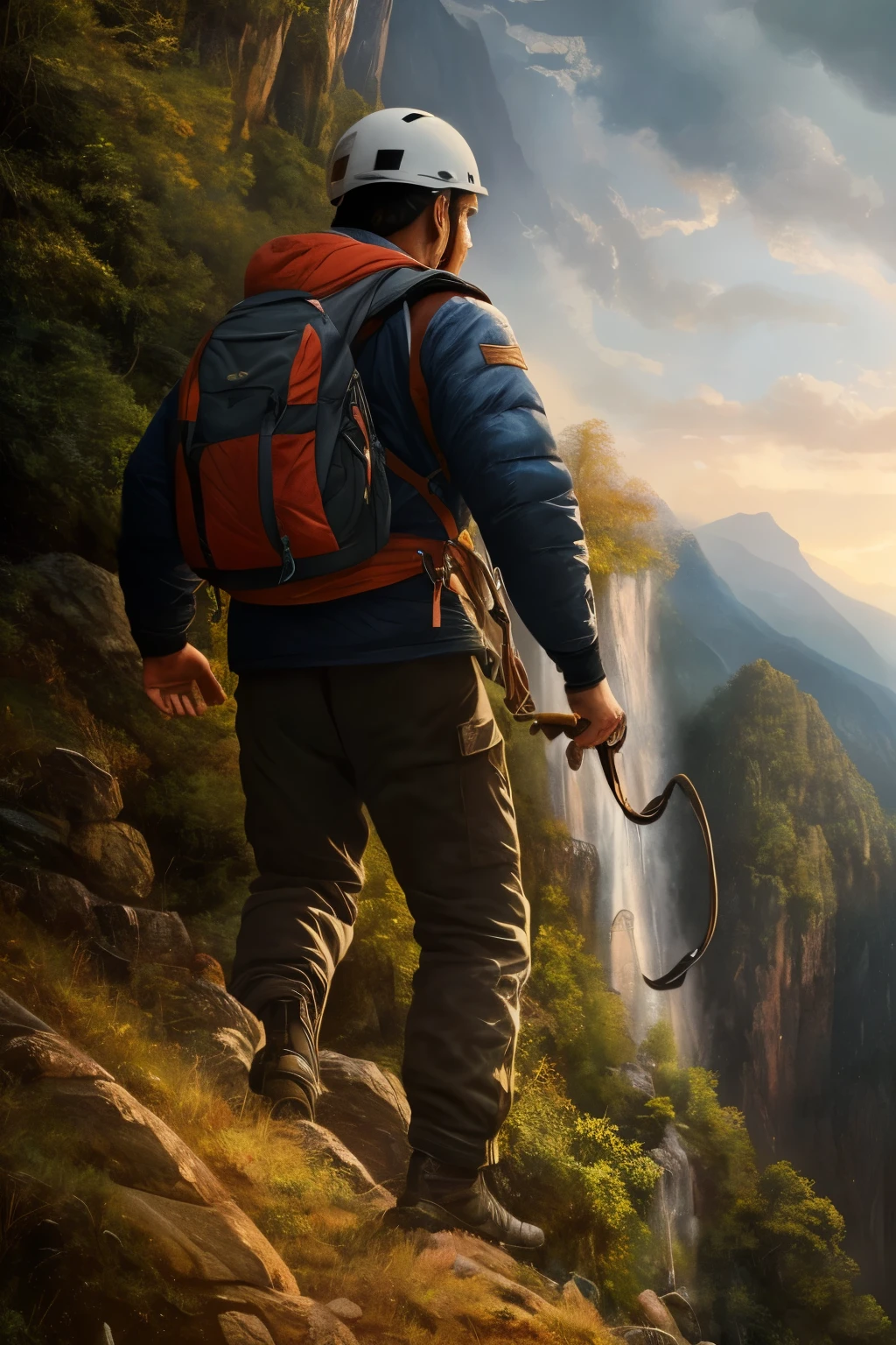 A powerful and inspiring portrait of a resilient man climbing a hill, captured in the style of hyper-realistic oil painting. The man, dressed in a simple yet determined outfit, is shown mid-climb, embodying an unyielding spirit despite the challenging terrain. The contrast between the man's determined expression and the serene background adds to the overall impact of the artwork. The use of strong, warm lights highlights the man, focusing the viewer's attention on his steadfast determination. This masterpiece, with its mastery of color and detail, is a testament to human perseverance. High resolution, 8K.