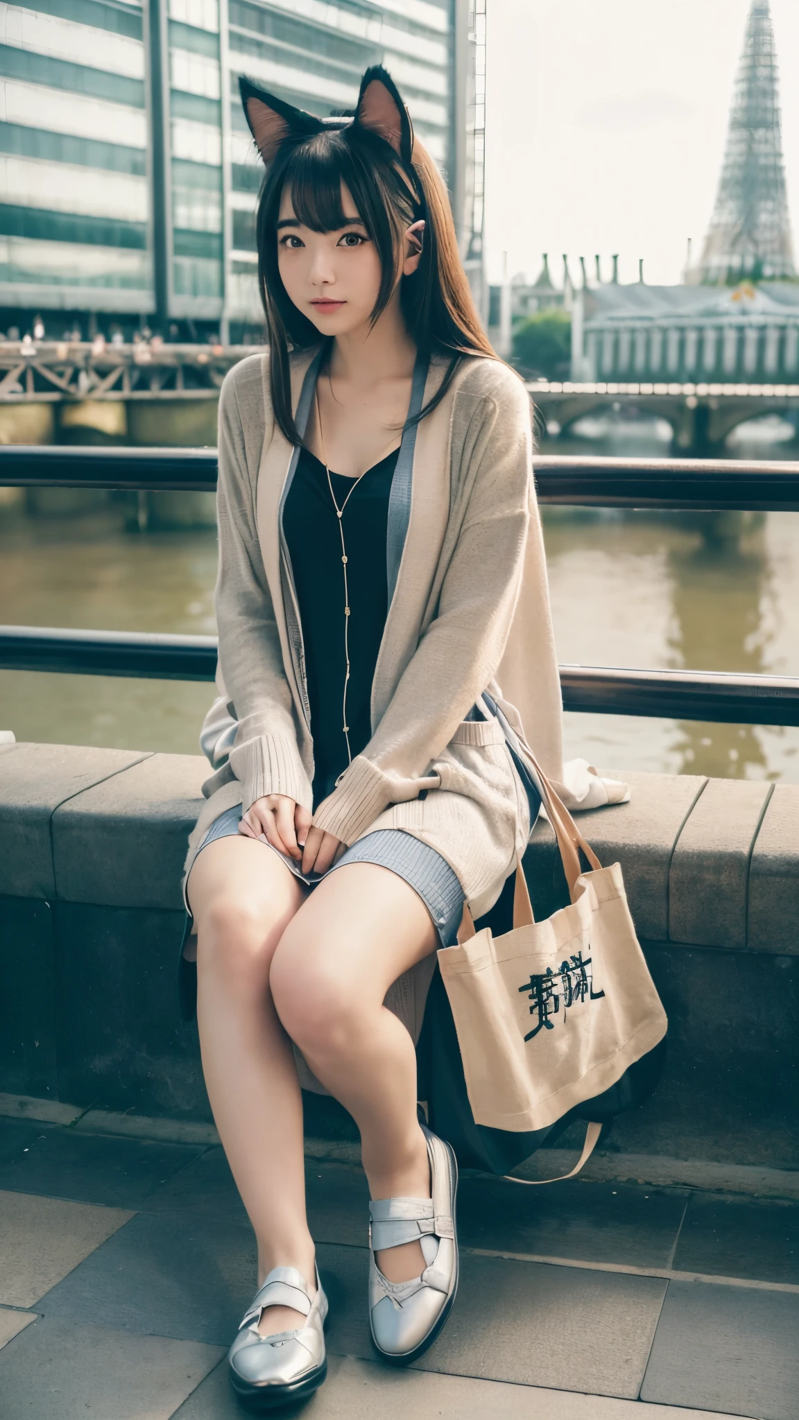 Masterpiece, 4k, Bokeh, beautiful face, (Japanese idle:1.6), (Long cardigan with a t-shirt dress and flats, Casual weekend background,  Canvas tote bag:1.4), (Cat ears:1.3), Sitting on From below, (London:1.5)