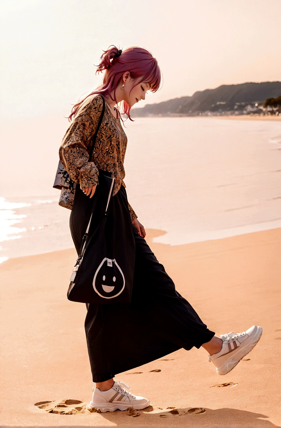 Pink Hair Color,woman walking on the beach with a bag and a smile drawn on it, bag, standing near beach, Wearing long, loose clothing, Mid Shot Portrait, near beach, in a beachfront environment, Looking at a book, She wears streetwear, cute:2, Adult, Shooting during golden hour, baggy black pants, Everywhere, product introduction photos