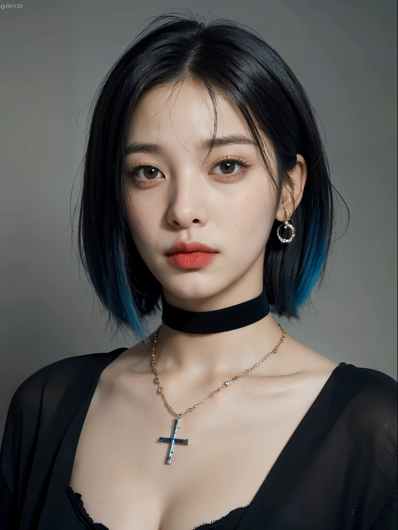 masterpiece, best quality,3d rending work ,3DMM style,close-up,portrait, 3D,1girl, solo, multicolored hair, blue hair, black hair, necklace, freckles, jewelry, two-tone hair, looking to the side, realistic, upper body, simple background, bangs, looking away, short hair, parted lips, black eyes, lips, gothic, choker, makeup, mole, black shirt, shirt, watermark