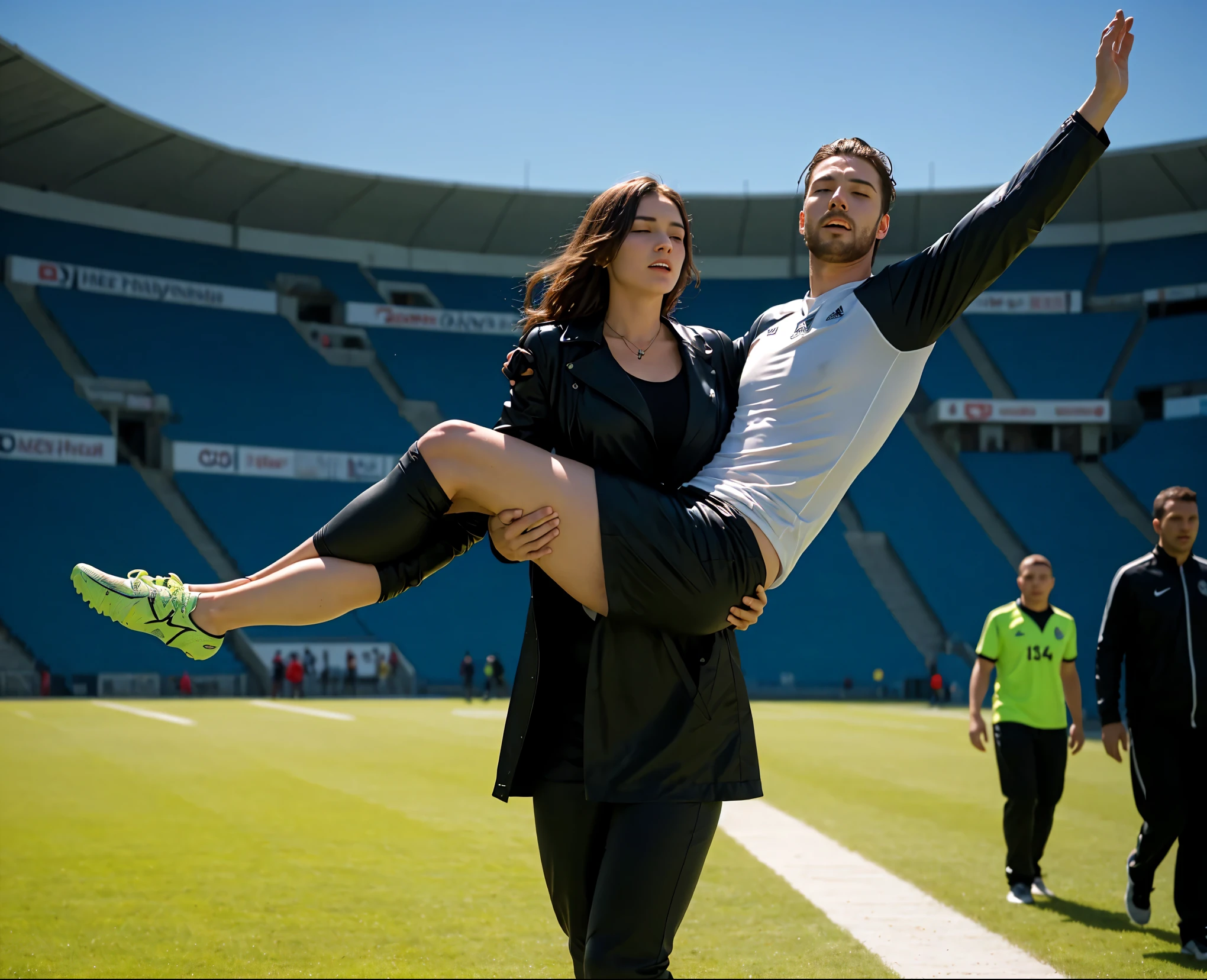 injury, first aid, injured player, fainting, fainted man, unconscuous man, passed out, Andrea carries the wounded man's body in her hands, Andrea grabs his legs and his body with her hands, the bearded man in Andrea's arms is visibly in pain, stadium atmosphere, the bearded man is lying consciousless in Andrea's arms with one arm hanging down, A scene at a soccer stadium, a bearded man lying in a caring women's arms, lying helpless in her arms with his head dangling down, he has one arm dangling down while being carried in the women's arms, There is an attractive and heavily made-up woman in a long black leather coat, A pretty woman in a shiny black leather coat on a soccer field, A wonderful woman is holding a passed out man, A man in matt and roughened sportswear is held diagonal in her arms, a man in a woman's arms and lets one arm dangling down, we see the man held in front of the woman's body, the man is cradled in the woman's arm while being carried, the beautiful woman is exceptionally heavily made up and has an extremely desperate and very angry expression on her face, high-resolution photo, realistic sports photo, soccer scene, woman in black shiny long leather coat, injury scene, real photo, ultra realistic, high definition, sports photography