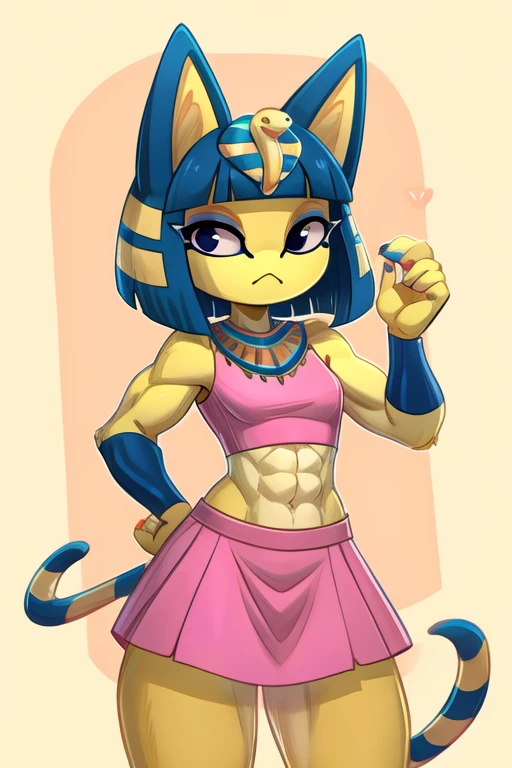 digital artwork of ankha with abs wearing a crop top pink sleeveless dress shirt with pink skirt