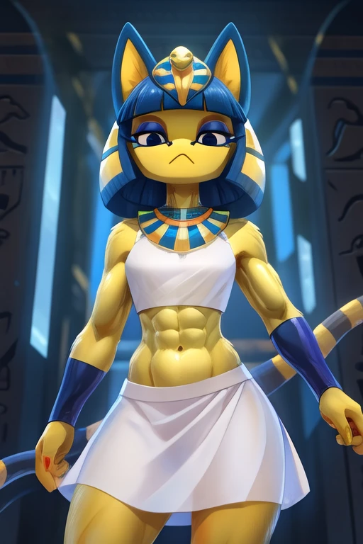 digital artwork of ankha with abs wearing a crop top white sleeveless dress shirt with white skirt