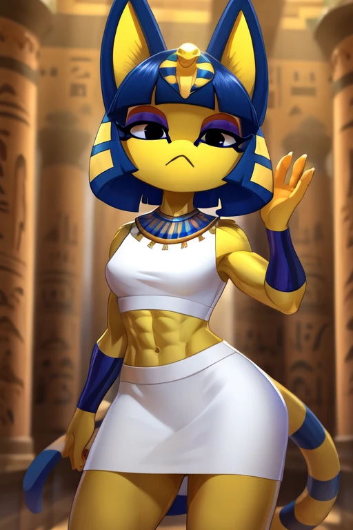 digital artwork of ankha with abs wearing a crop top white sleeveless dress shirt with white skirt