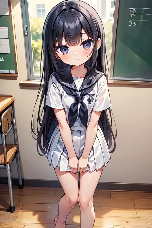one person、Long Hair、Black Hair、With bangs、6 year old girl、small、1st grade elementary school students、Baby Face、Innocent face、Big eyes、barefoot、black eye、cute、Spread your legs、Are thin、凄くsmall胸、身長のsmall、Are standing 、School、Schoolの制服、White Uniform、Short sleeve、Bare Skin