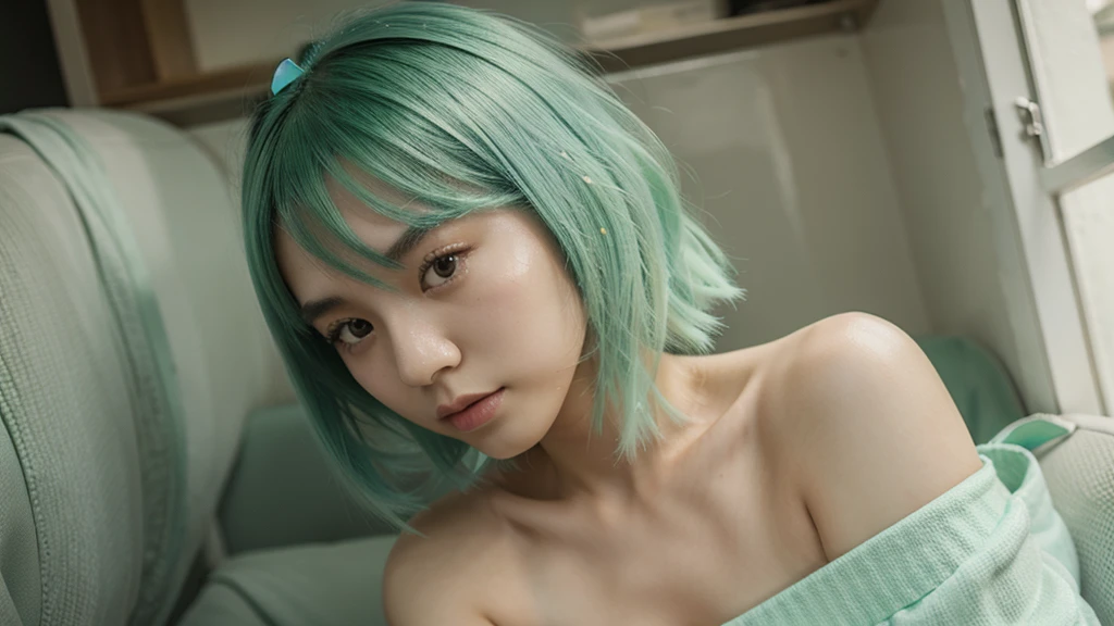 A Chinese girl with mint green hair 