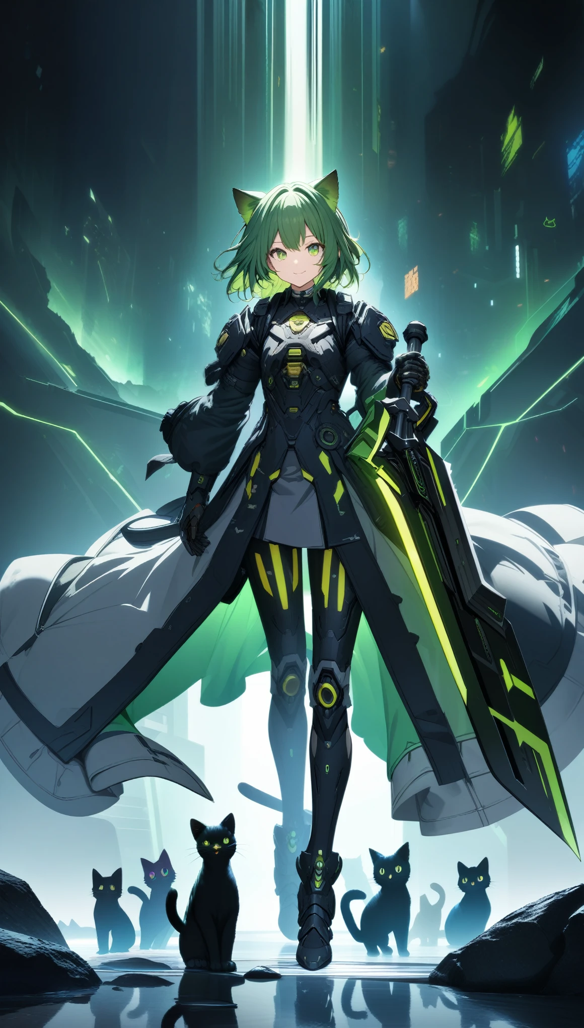 32k, best quality, ultra high res, HDR, UHD, extremely detailed CG, unity 32k wallpaper, A dark, futuristic, silhouetted figure of a girl with cat ears and a long, flowing coat, holding a massive scythe with a mechanical cat integrated into the blade, standing on a reflective surface with a minimalist, light gray background. --ar 4:3 --stylize 600 --niji 6, Rock sign hands, A vibrant anime-style illustration of a green-haired girl surrounded by cats, with her hands making the rock sign symbol and smiling at the camera. The background is filled with various cat characters in different poses, all rendered in a detailed manga art style. --ar 3:4 --niji 6 --style raw,