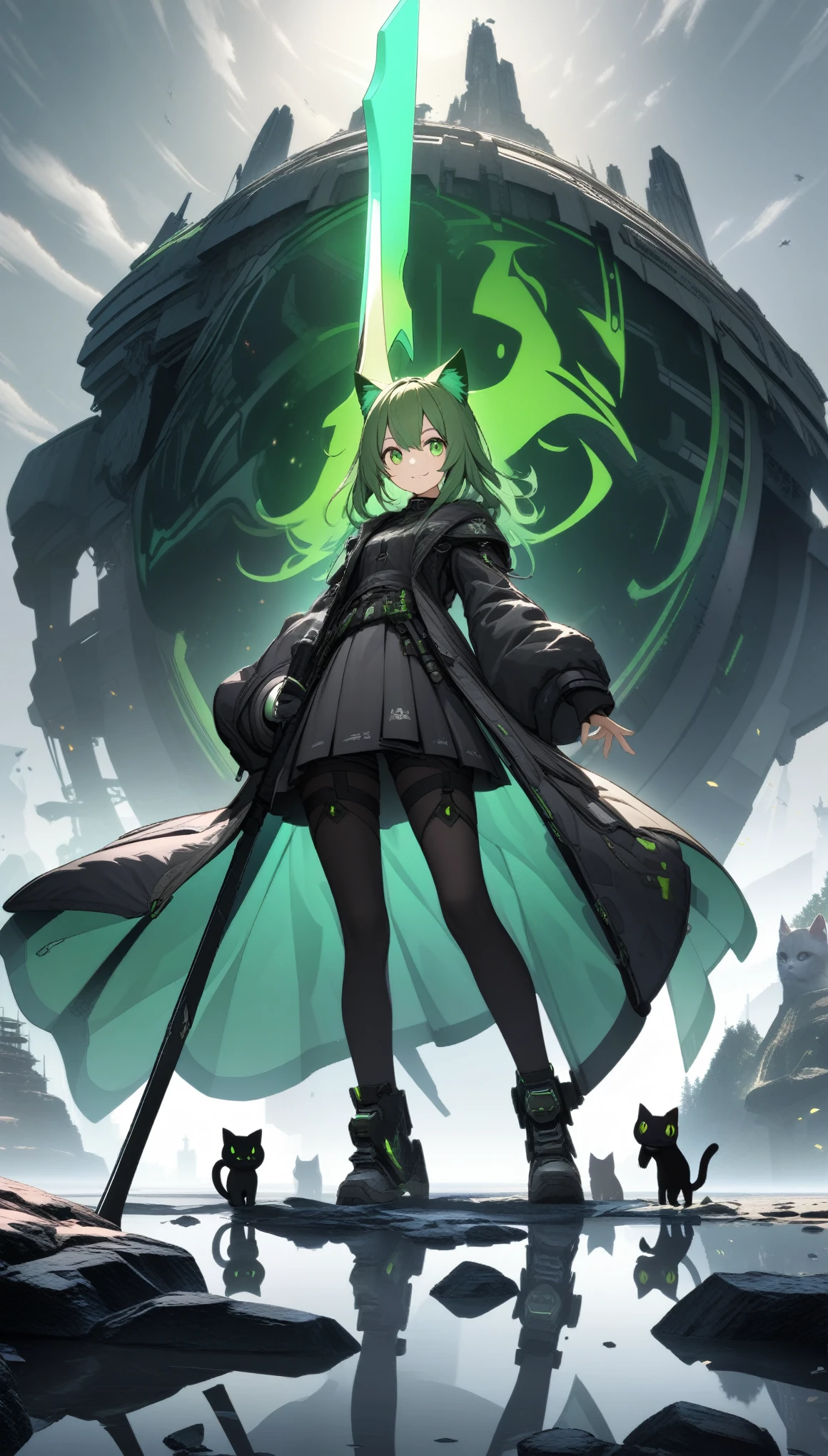 32k, best quality, ultra high res, HDR, UHD, extremely detailed CG, unity 32k wallpaper, A dark, futuristic, silhouetted figure of a girl with cat ears and a long, flowing coat, holding a massive scythe with a mechanical cat integrated into the blade, standing on a reflective surface with a minimalist, light gray background. --ar 4:3 --stylize 600 --niji 6, Rock sign hands, A vibrant anime-style illustration of a green-haired girl surrounded by cats, with her hands making the rock sign symbol and smiling at the camera. The background is filled with various cat characters in different poses, all rendered in a detailed manga art style. --ar 3:4 --niji 6 --style raw, 