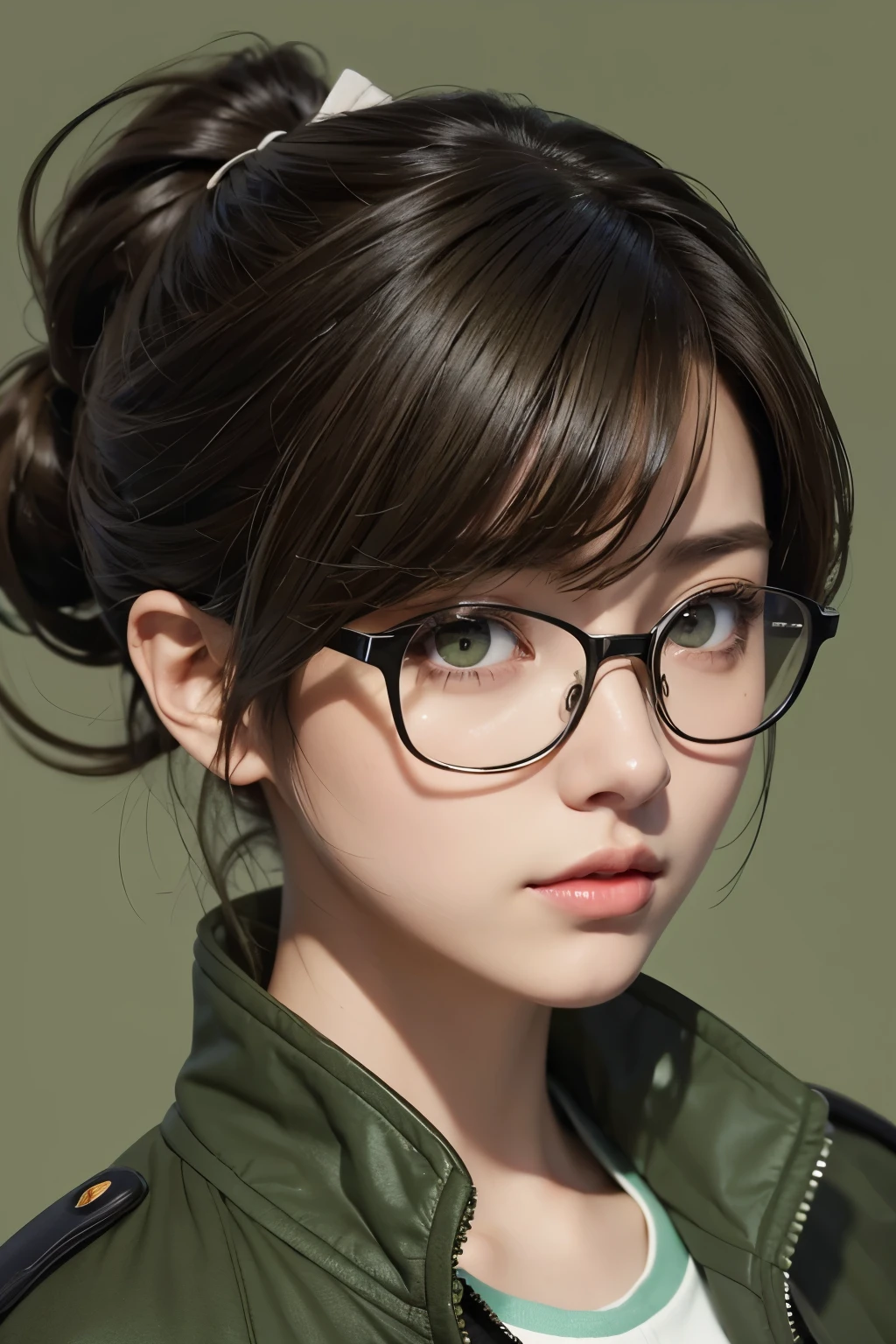 1 female inventor, Hair color is light brown and tied together., eyes are big、The color is brown, Closer to bright orange,, Large black horn-rimmed glasses, Wearing an army green colored flight jacket ,modern animation style, Anime style illustration, By Shinkai Makoto ( Apex Legends ), Digital Animation Illustration,