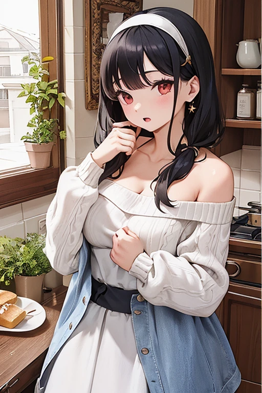 masterpiece, yor, 1girl, Amazing Cleavage:1.3, thin waist, big ass, Raised sexy, medium breast: 1.8 posed cleavage:1.2、solo, looking at viewer, open mouth, have a cup of coffee,black hair, red eyes, dress, bare shoulders, jewelry, collarbone, sidelocks, hairband, earrings, indoors, off shoulder, :o, sweater, arms behind back, plant, short hair with long locks, white hairband, off-shoulder dress, sweater dress, off-shoulder sweater, red sweater, big side hair, very long side hair,is rendered in (masterpiece: 1.2, best quality), with (ultra high resolution) and an exquisite (depth of field). This masterpiece is not only visually stunning but also tells, make of cake cooking ,in the kitchen ,(8K,masutepiece,top-quality,Ultra-high resolution output image,),(Ultra HD with complex detail image modes),depth of fields,Beautiful hands,Beautiful fingers,Detailed finger features,(Detailed hair features:1.7),detailed facial features,detailed clothes features, (perky chest:1.1), (pointed chest:1.3), looking at viewer,
