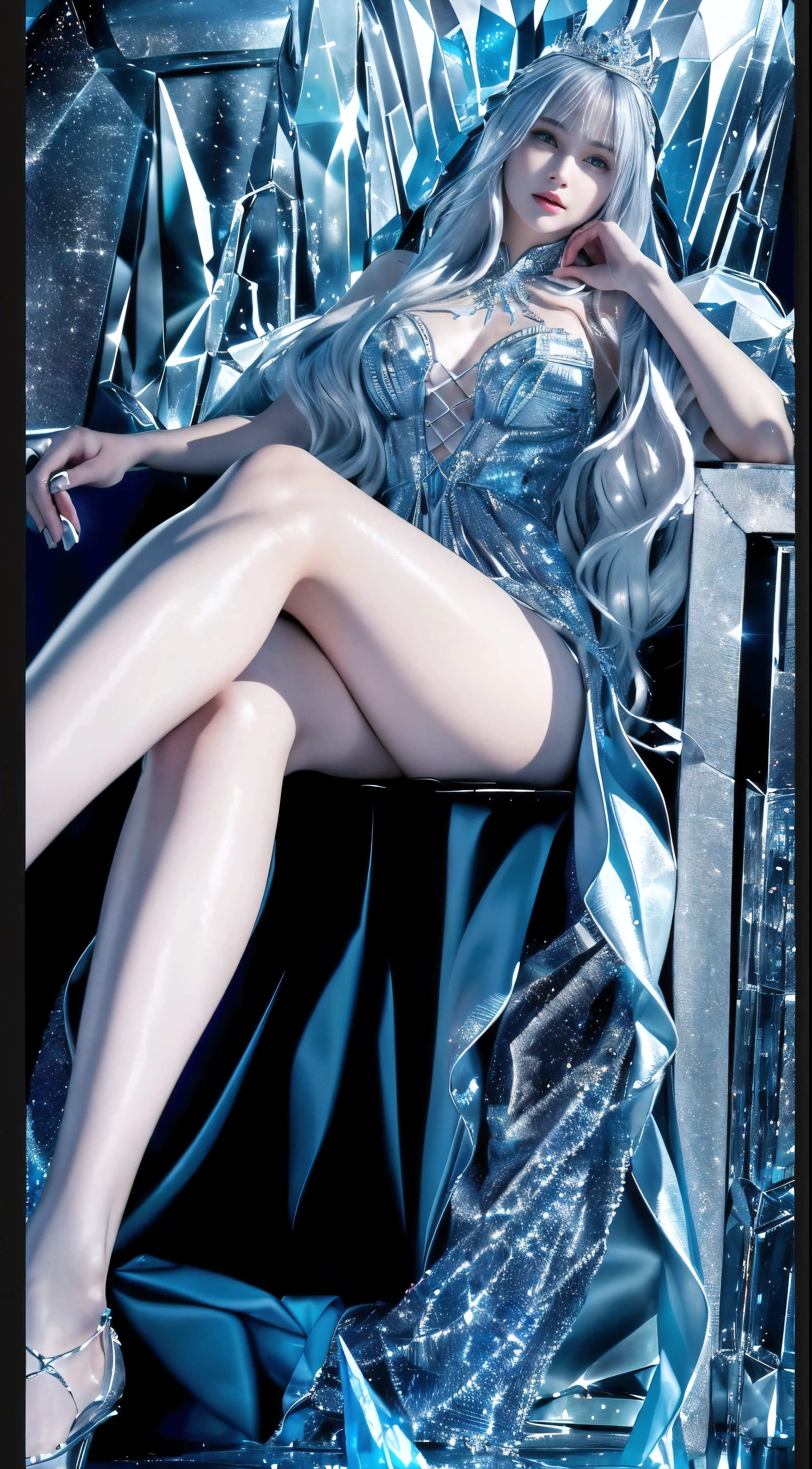 The girl sat on the crystal throne with folded legs, crystal throne, silver hair, frozen dew stuck to her skin, folded legs, queen in a long dress, on the ice throne, a perfect image, long hair, high crystal heels, perfect face, perfect hands, perfect legs, perfect eyes, cold face, adult woman's face, perfect chest