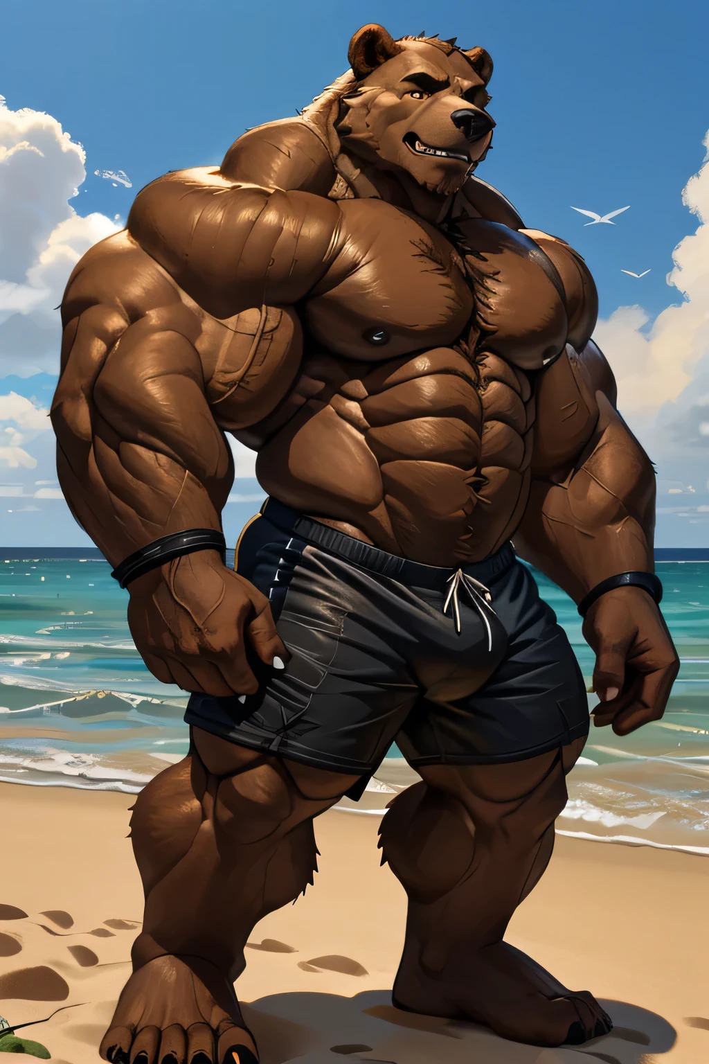 solo, 2boys, beach, size different, extremely huge muscular, massive muscular, grizzly bear, full-body, well-muscled, being shirtless in a black swim trunk shorts and black wristbands in beach. Posing. Doing the MOST MUSCULAR POSE. Super strong. ((extremely muscle size, super thick arms, huge back, thick brown fur, extremely wide back and shoulder, powerful body, huge arms)). and add details to make it attractive and interesting. Added eyes. Add textures and details to make the image more realistic, such as the appearance of the body-built texture and the appearance of the fur. Make sure the resulting image is high resolution, 8K quality.", simple background, masterpiece, high detailed, 8k, high resolution