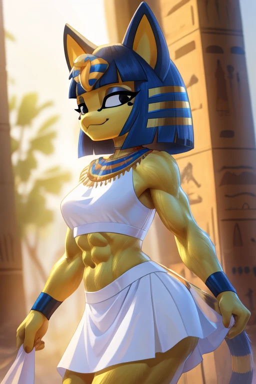 sideview digital artwork of ankha with abs wearing a crop top white sleeveless dress shirt with white skirt, she is smiling 