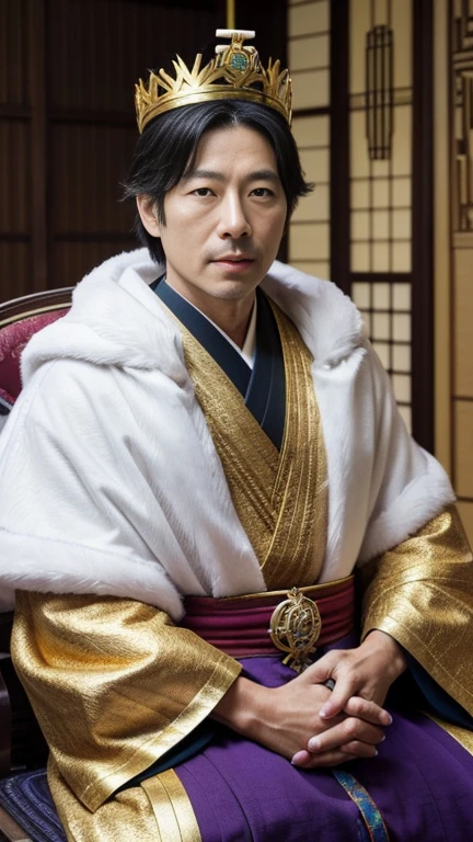front view, looking at viewer ,Japanese man ,50 years old, Japaneses Kingdom King, Sit on a throne, He hold the Book ,Scepter in one hand, wearing a King Crown, violet the cloak on my back, White wearing, gold ring, kingdom room, night, candle right, UHD, accurate, anatomically correct, textured skin, super detail, high details, high quality, best quality,