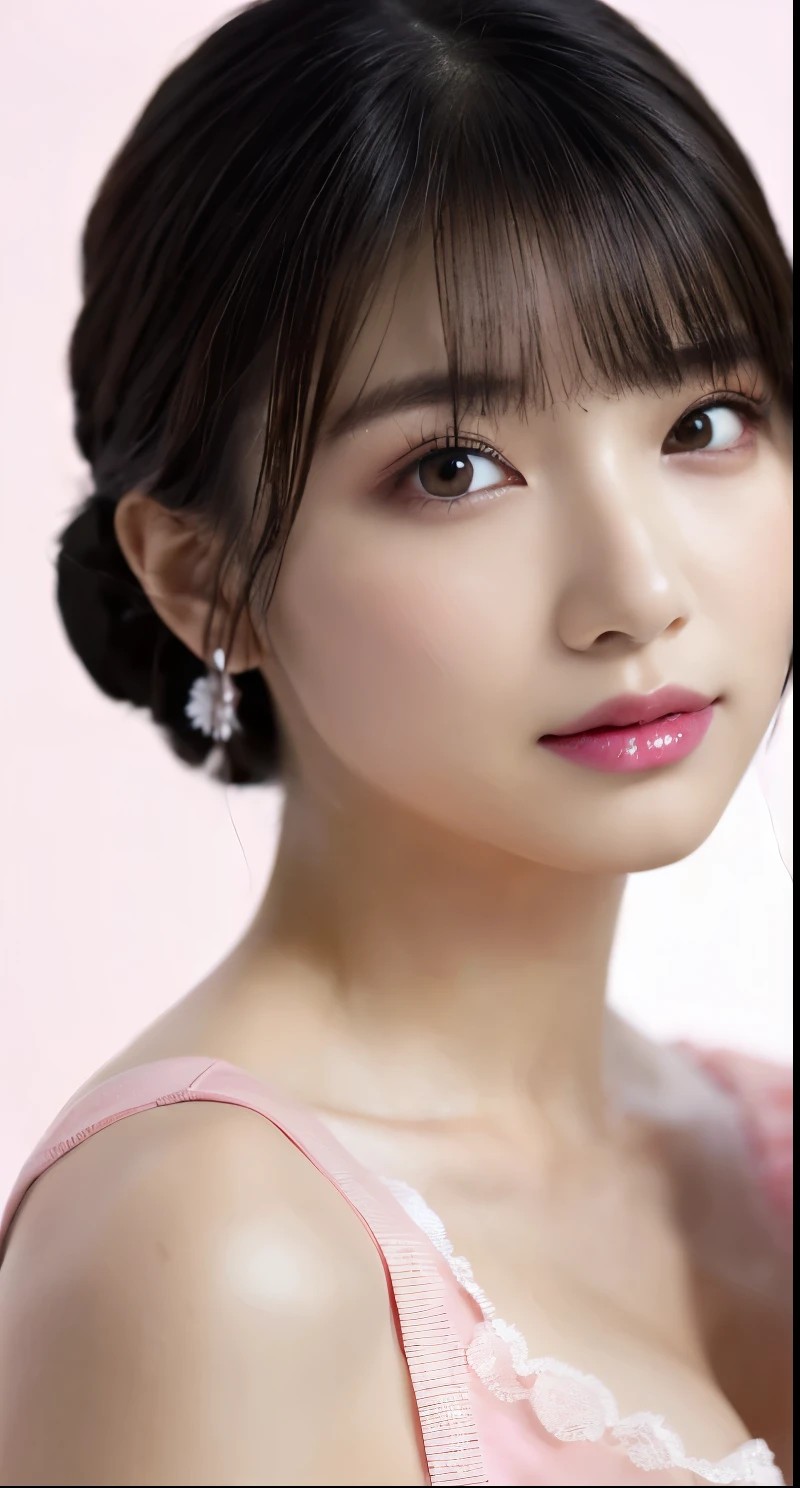 1 girl, (Wear a camisole that reveals your chest:1.7), ((Wearing pink make-up:1.4))、((Pink Eyeshadow:1.2))、Very beautiful Japanese idol portraits, 
(RAW Photos, highest quality), (Realistic, Realistic:1.4), (masterpiece), 
Very delicate and beautiful, Very detailed, 2k wallpaper, wonderful, finely, Very detailed CG Unity 8K 壁紙, Very detailed, High resolution, Soft Light, 
Beautiful detailed girl, Very detailed目と顔, Beautiful and sophisticated nose, Big beautiful eyes, Cinema Lighting, 
(Simple light color background:1.3),
(Medium Hair), (Parted bangs), Light Gray Background、
Complete Anatomy, Slender body,Very small breasts, Sensual look